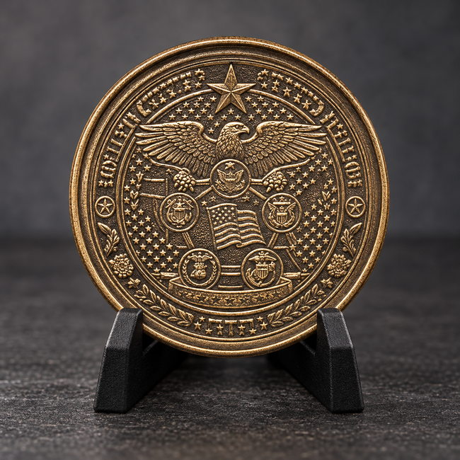 Illustrative brass challenge coin on a black stand against a charcoal background