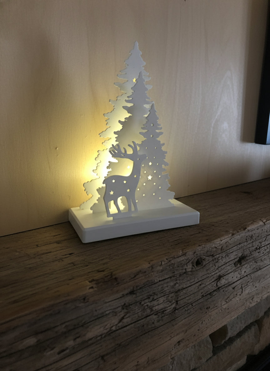 Christmas Eve Woodland Lights - 3D-Printed Winter Scene with Reindeer & Pine Tree Set for Cozy Holiday Decor