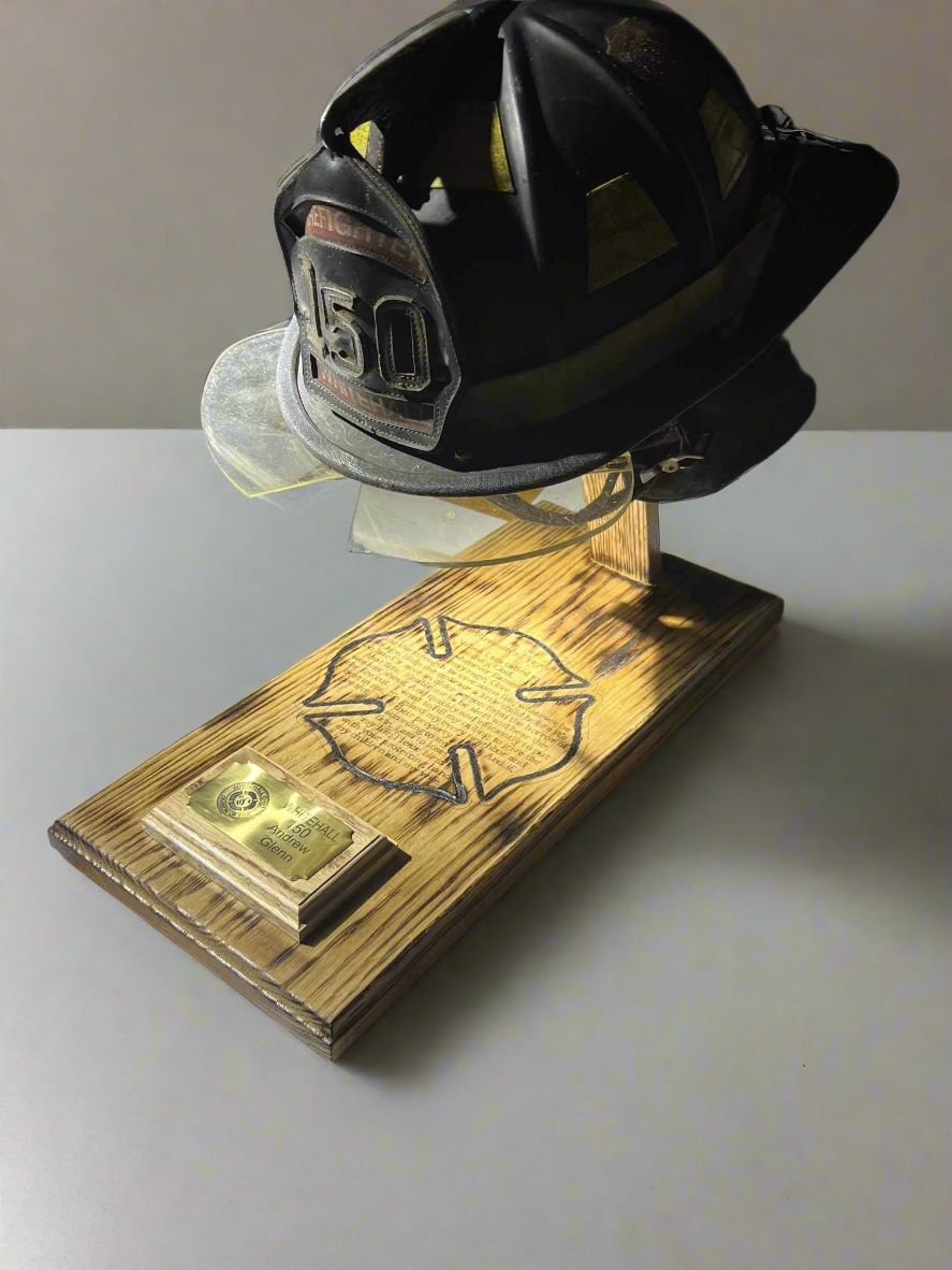 Wood Fire Fighter Helmet Display with a Laser engraved Maltese cross with incorporated fireman's prayer with a personalized brass name plate