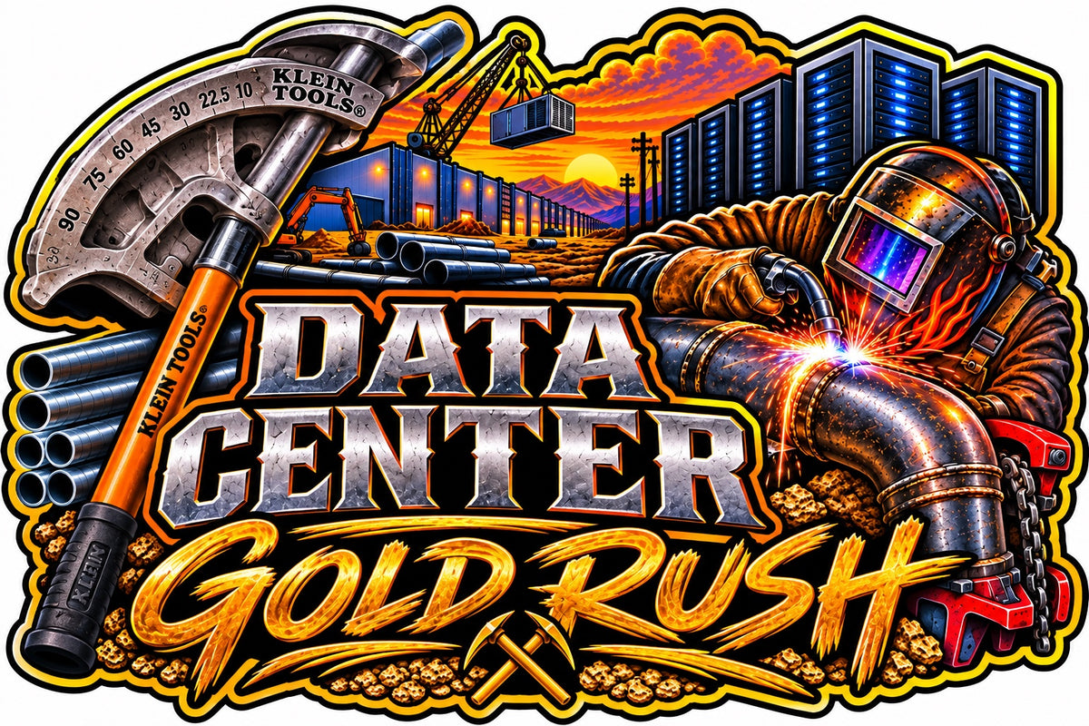 Data Center Gold Rush decal featuring a conduit bender, pipe welder, and data center construction