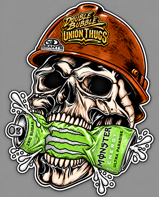 Hard hat skull Monster Ultra Paradise decal on a gray background