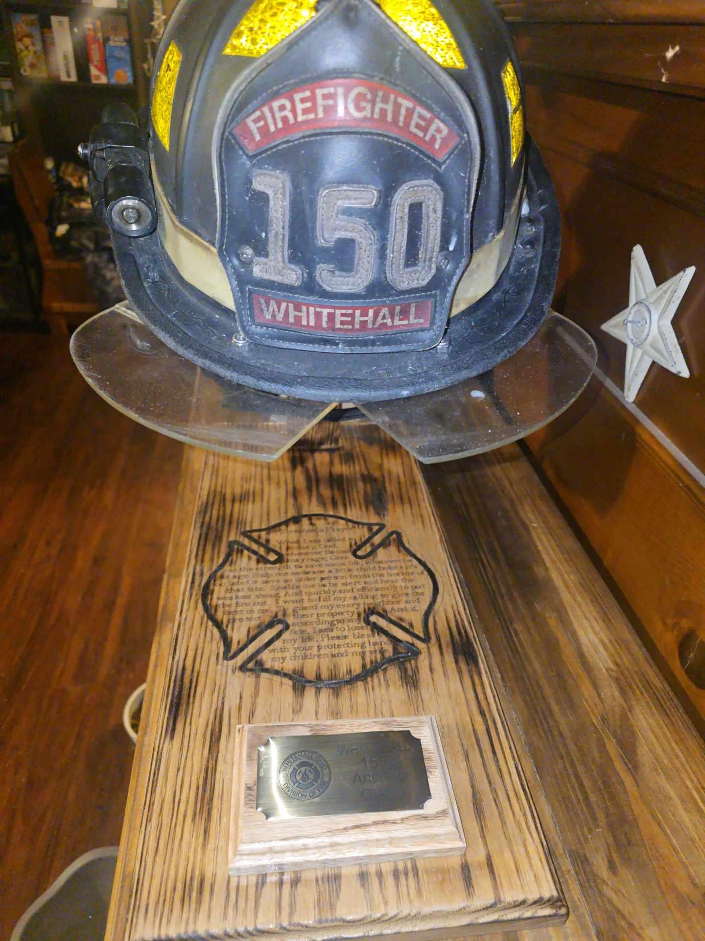 Wood Fire Fighter Helmet Display with a Laser engraved Maltese cross with incorporated fireman's prayer with a personalized brass name plate
