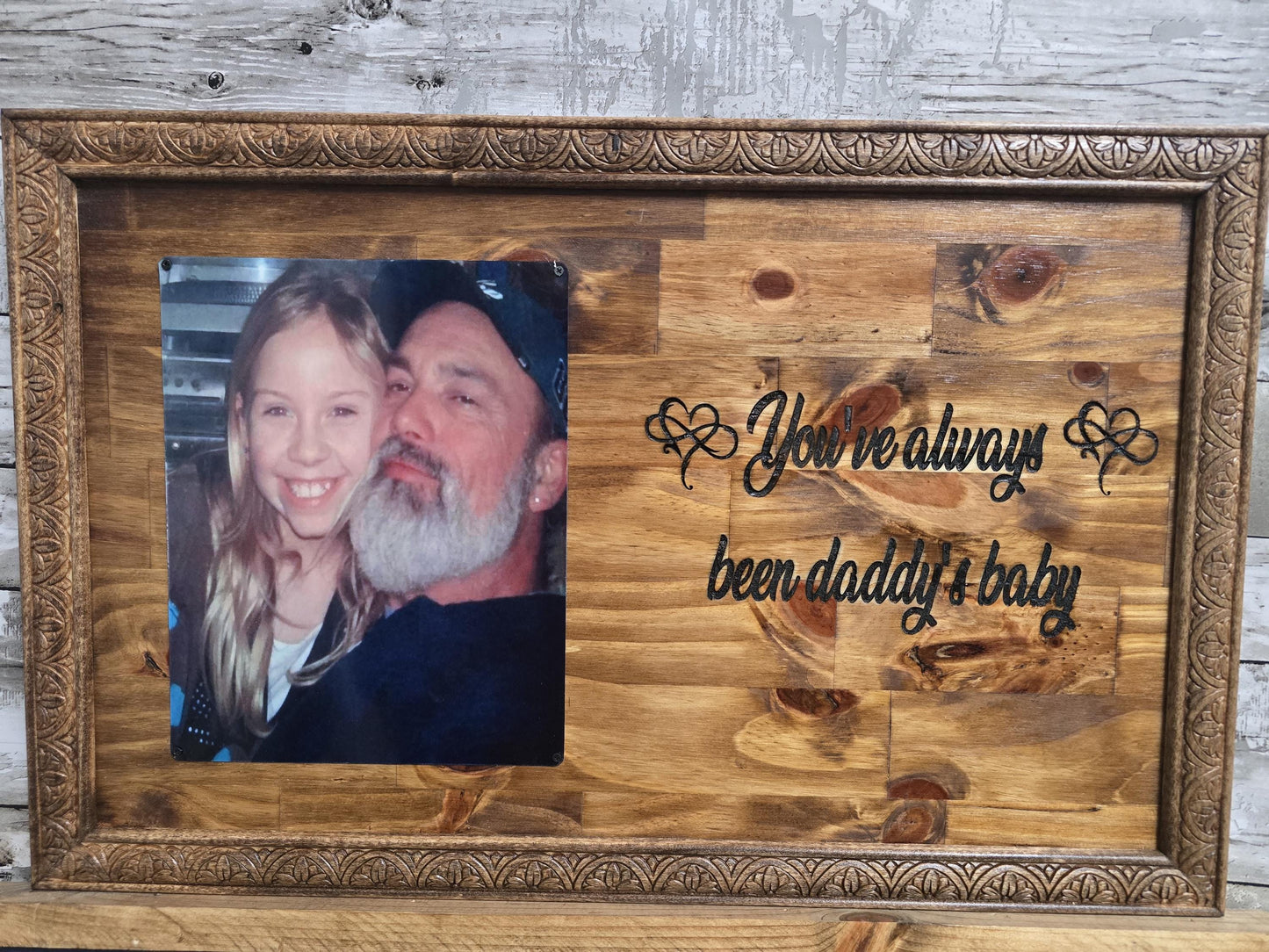 Handcrafted wood display made with love. To show your love and with a laser engraved special message and a 8x10 aluminum photo to commemorate