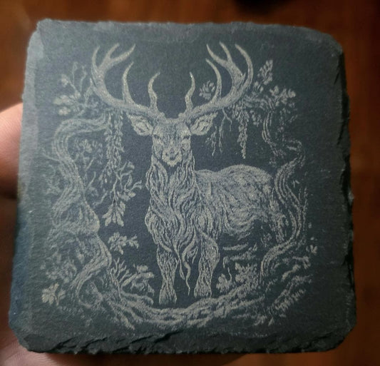 Slate Coasters with a Big Buck and nature design Decorative Design, Ideal for Barware, tableware