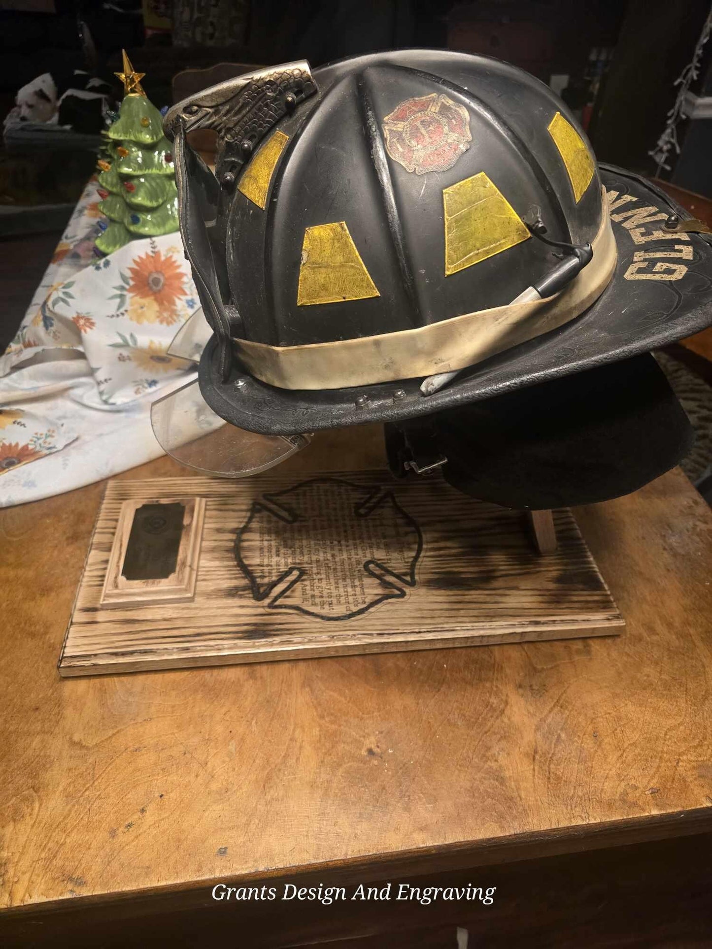 Wood Fire Fighter Helmet Display with a Laser engraved Maltese cross with incorporated fireman's prayer with a personalized brass name plate