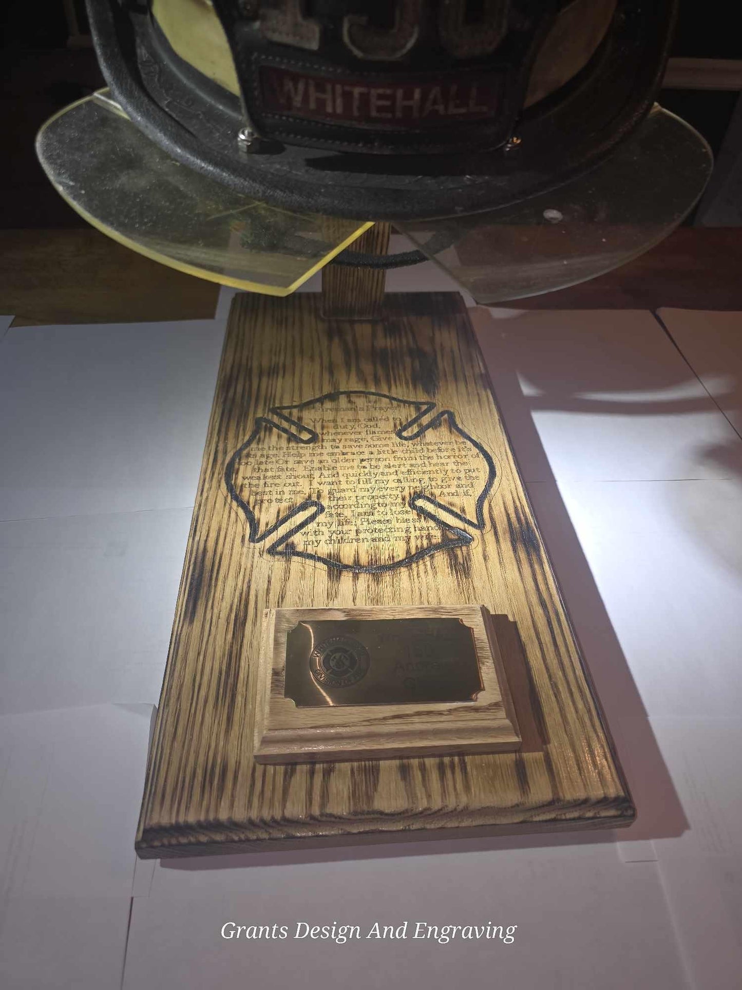 Wood Fire Fighter Helmet Display with a Laser engraved Maltese cross with incorporated fireman's prayer with a personalized brass name plate