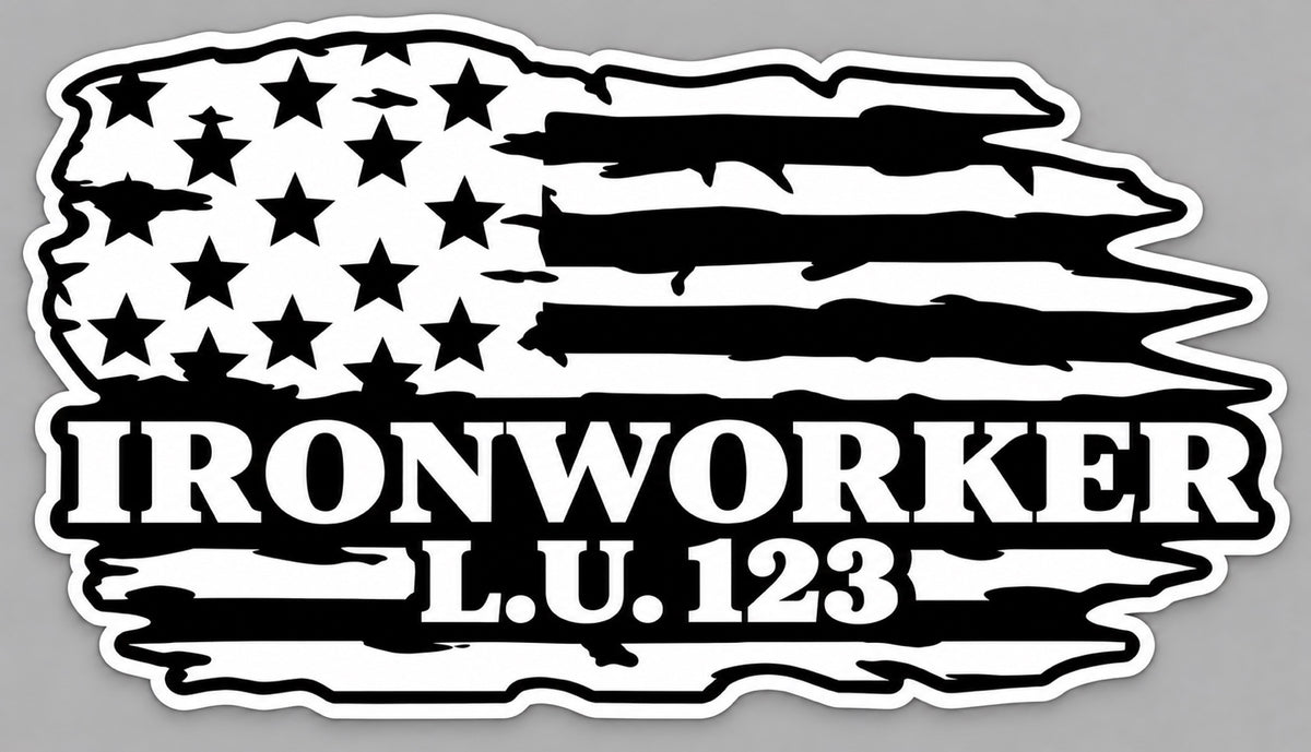 Black and white distressed American flag Ironworker decal with sample L.U. 123