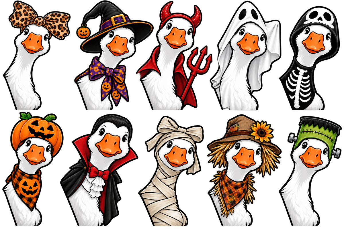 Ten porch goose designs: leopard bow, witch, devil, ghost, skeleton, pumpkin, vampire, mummy, scarecrow, and Frankenstein