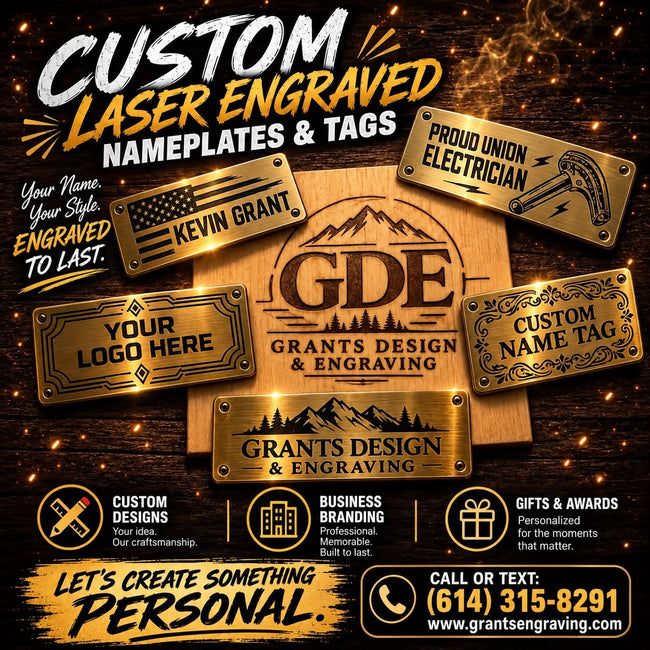 Custom laser engraved brass name tags design examples from Grant’s Design & Engraving