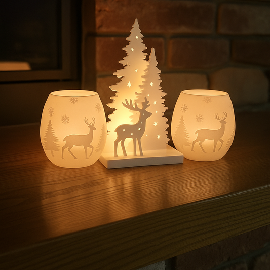 Christmas Eve Woodland Lights - 3D-Printed Winter Scene with Reindeer & Pine Tree Set for Cozy Holiday Decor