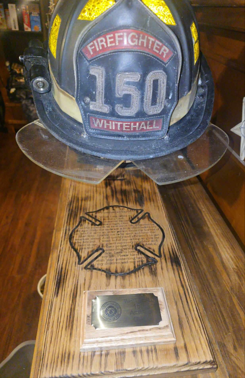 Wood Fire Fighter Helmet Display with a Laser engraved Maltese cross with incorporated fireman's prayer with a personalized brass name plate