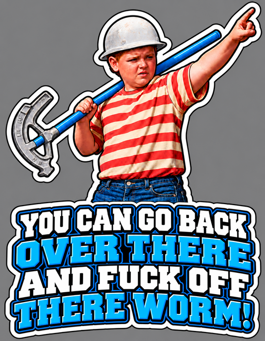 Hard hat and conduit bender Back Over There funny sticker on gray background