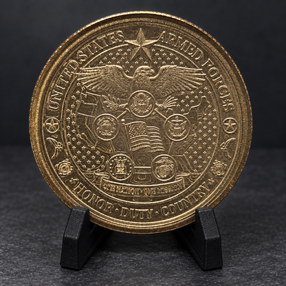 AI-enhanced presentation of army challenge coin on charcoal background; original photograph also available in gallery
