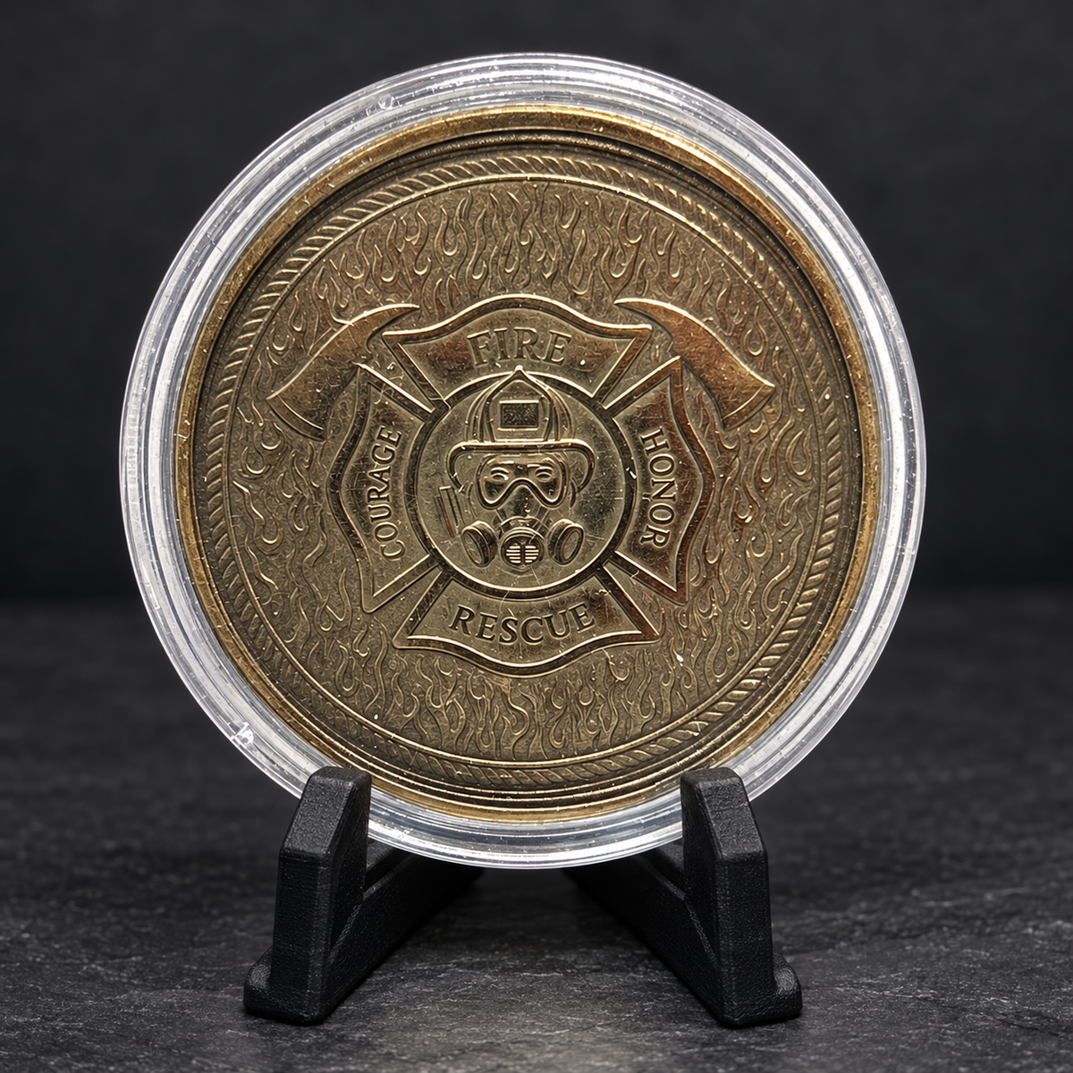 AI-enhanced fire department challenge coin presentation on charcoal background; original photograph also available in gallery