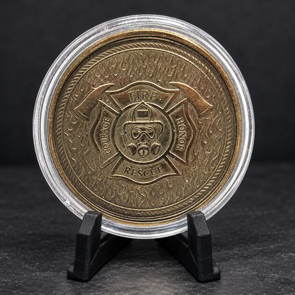 AI-enhanced fire department challenge coin presentation on charcoal background; original photograph also available in gallery