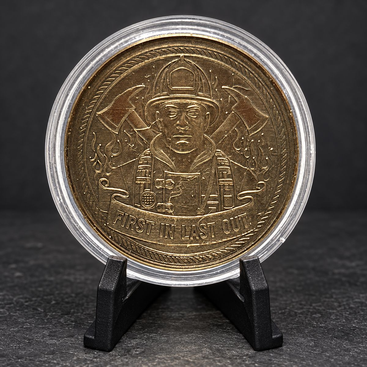 AI-enhanced fire department challenge coin presentation on charcoal background; original photograph also available in gallery
