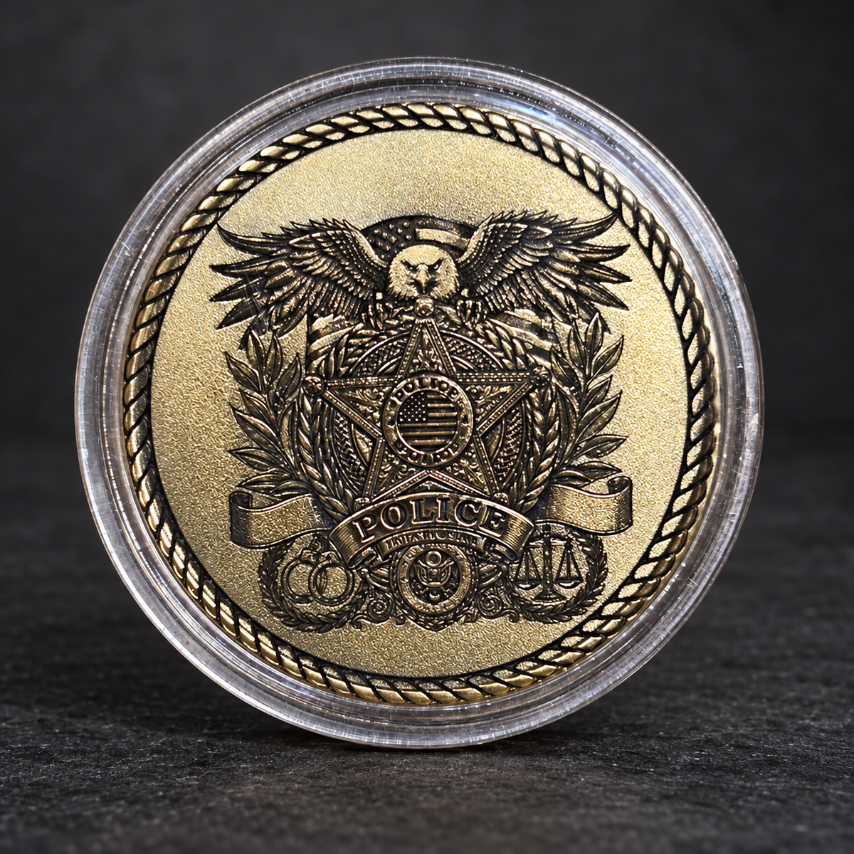 AI-enhanced presentation of policeback challenge coin on charcoal background; original photograph also available in gallery