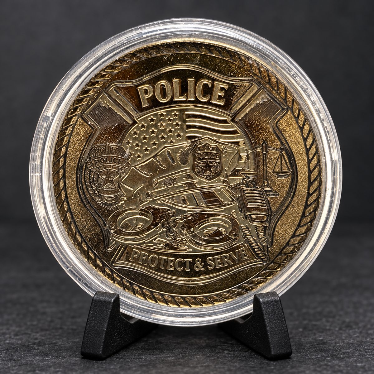 AI-enhanced presentation of policefront challenge coin on charcoal background; original photograph also available in gallery