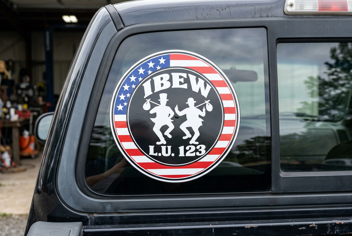 Patriotic IBEW Traveler Tramps decal; L.U. 123 is an example replaced with your local union number