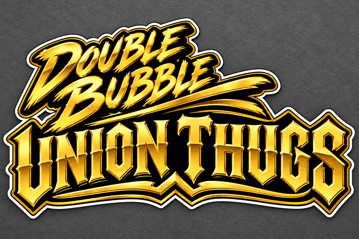 Double Bubble Union Thugs gold lettering decal displayed on a charcoal gray background