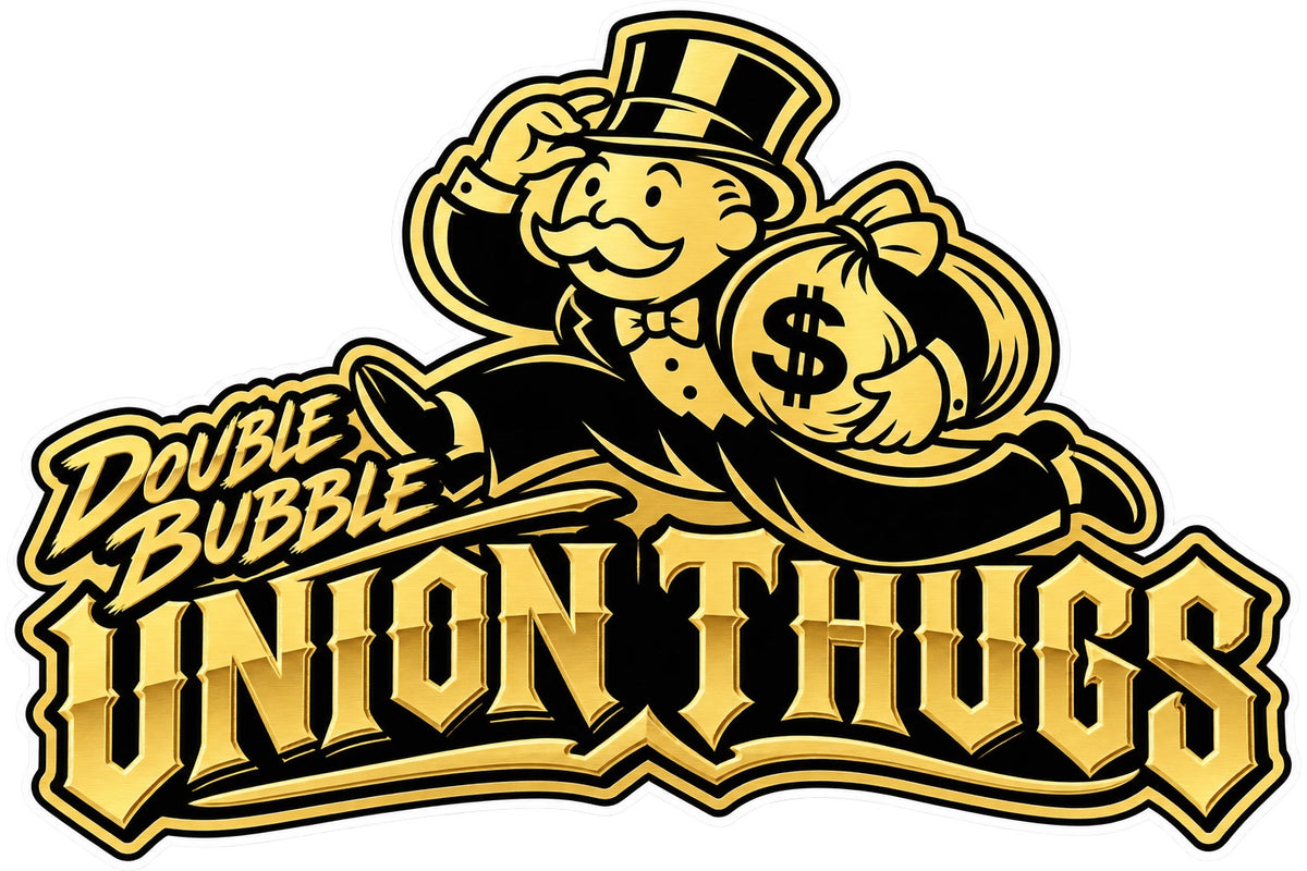 Black and gold Double Bubble Union Thugs decal with a top-hatted character carrying a money bag