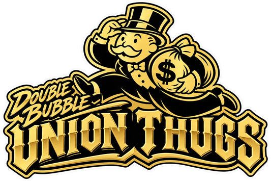 Black and gold Double Bubble Union Thugs decal with a top-hatted character carrying a money bag