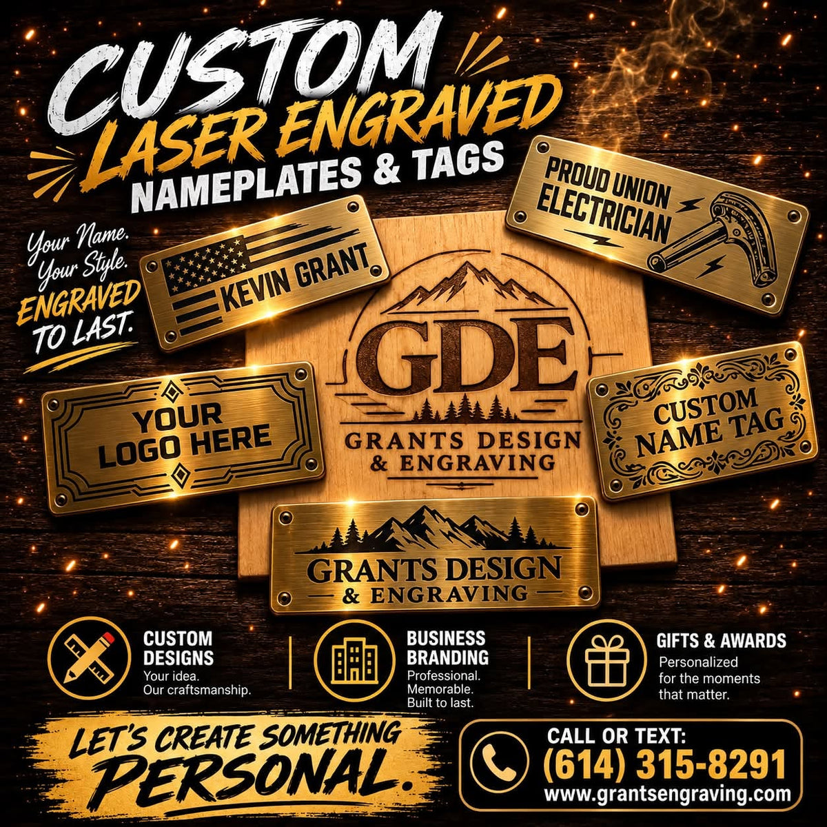 Custom laser engraved brass name tags design examples from Grant’s Design & Engraving