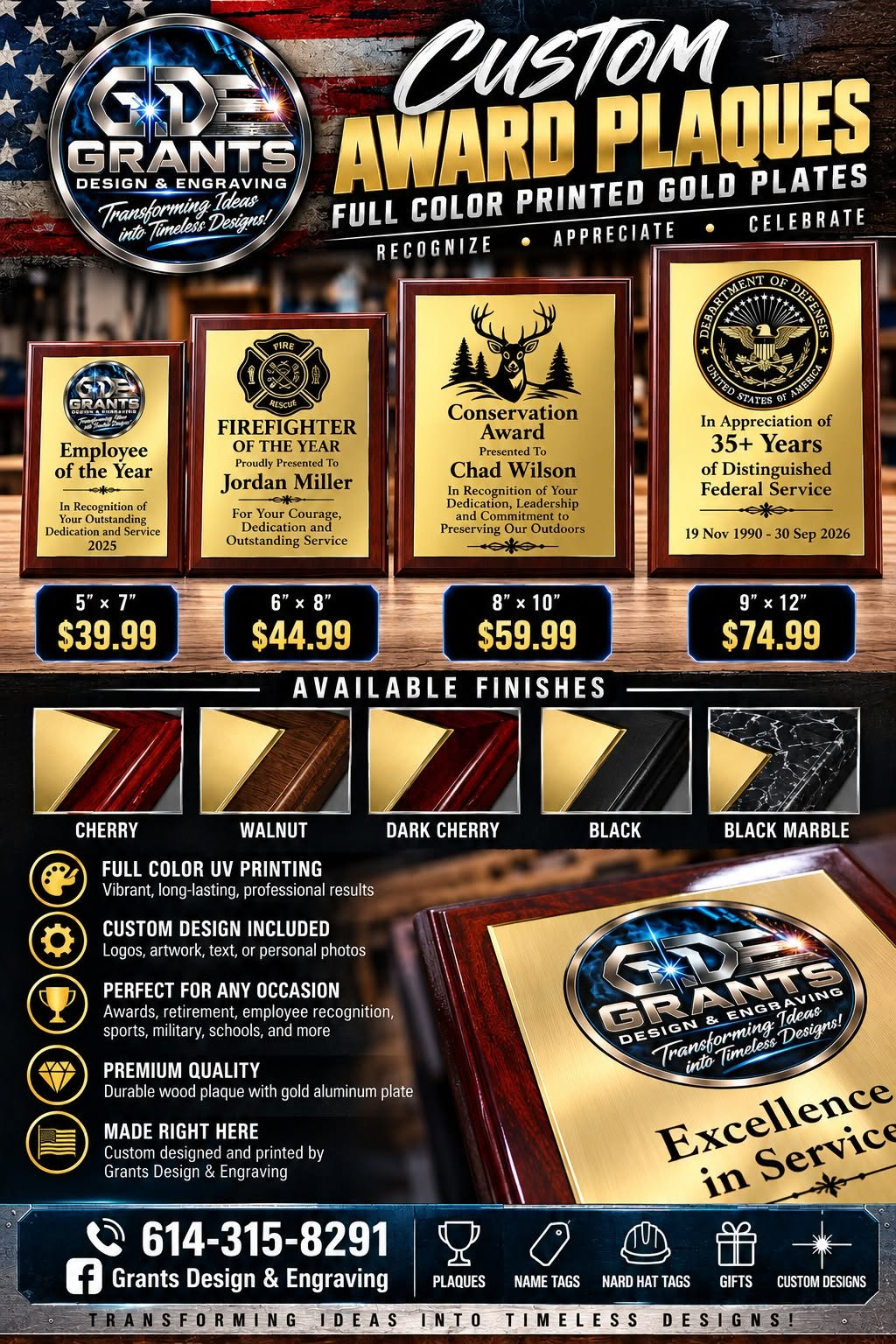 Grant’s custom award plaques: four sizes starting at $39.99 and five finishes