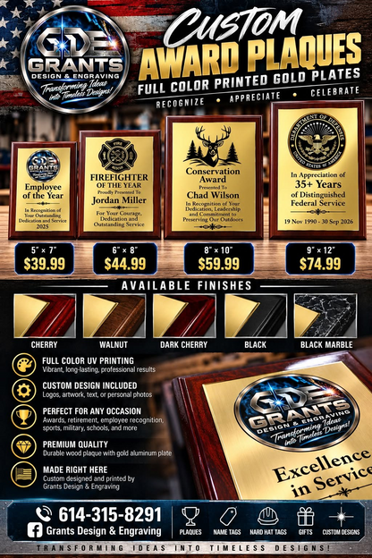 Grant’s custom award plaques: four sizes starting at $39.99 and five finishes