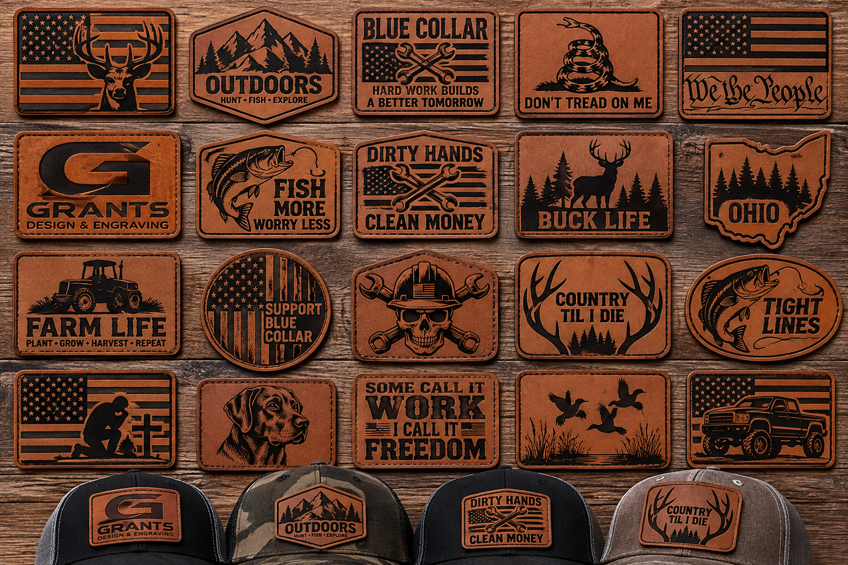 Leather hat patch design examples featuring patriotic, blue collar, hunting, fishing, Ohio and farm themes
