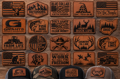 Leather hat patch design examples featuring patriotic, blue collar, hunting, fishing, Ohio and farm themes