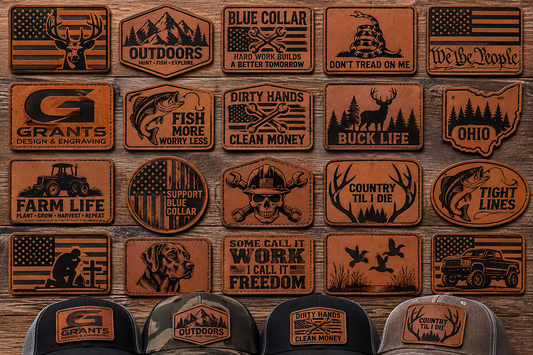 Leather hat patch design examples featuring patriotic, blue collar, hunting, fishing, Ohio and farm themes