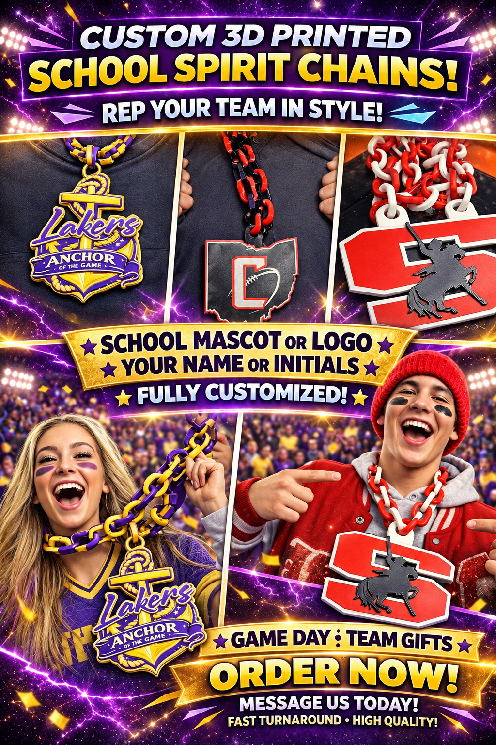 Custom school spirit hype necklaces promotional design examples
