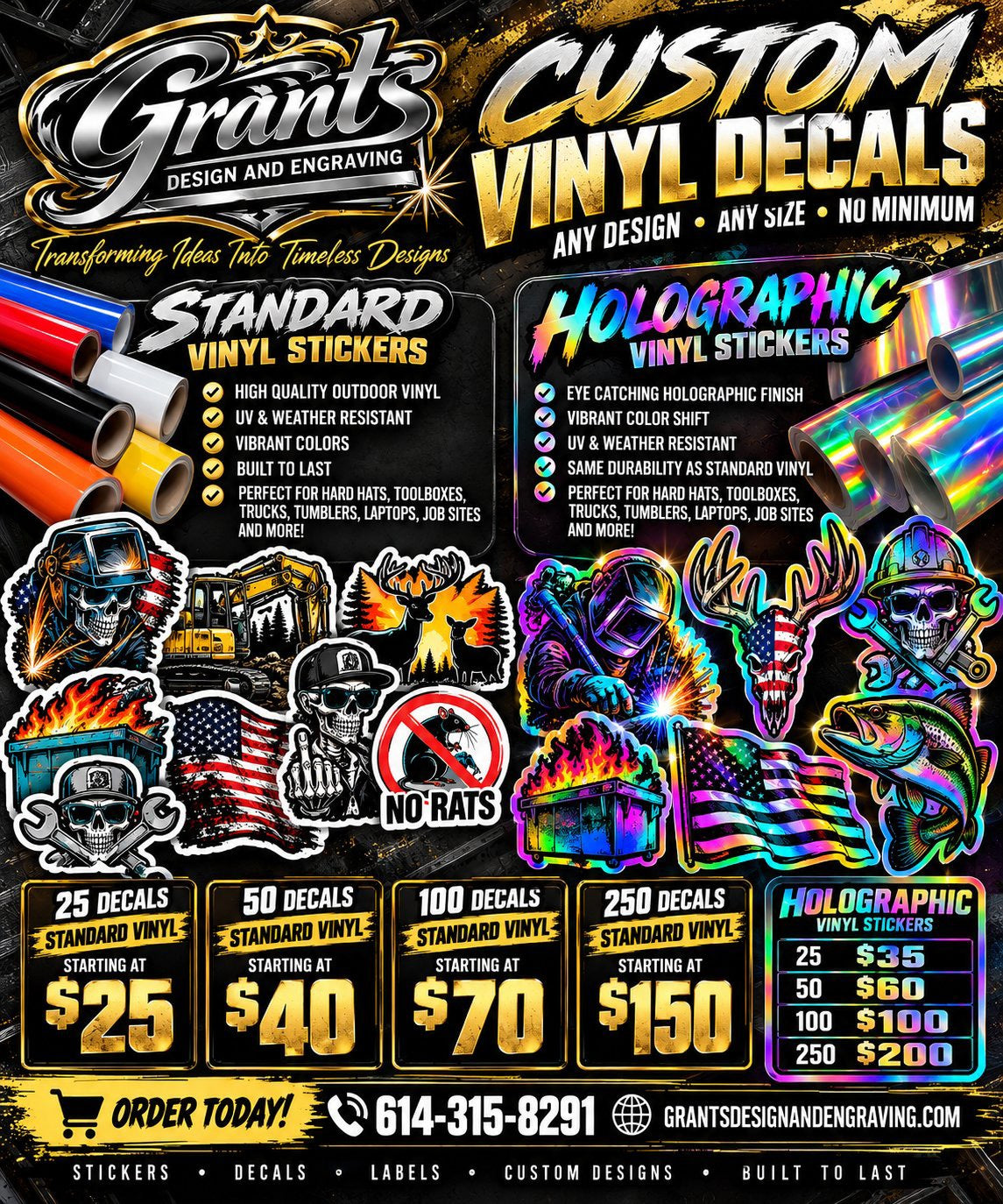 Grant’s Design & Engraving standard and holographic custom vinyl decals with bulk pack pricing