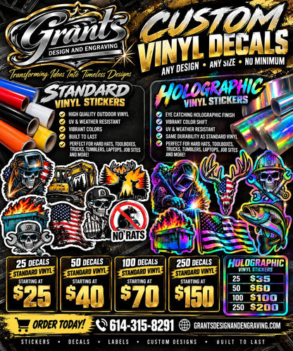 Grant’s Design & Engraving standard and holographic custom vinyl decals with bulk pack pricing
