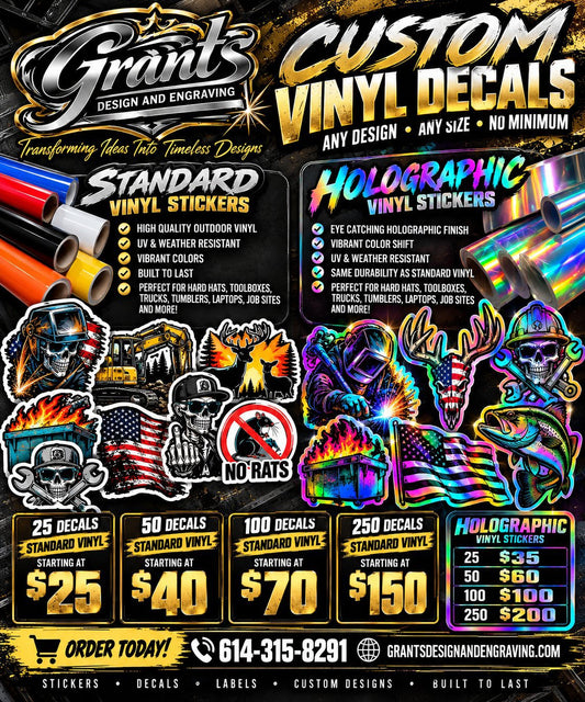 Grant’s Design & Engraving standard and holographic custom vinyl decals with bulk pack pricing