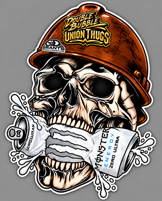 Hard hat skull Monster Zero Ultra decal on a gray background