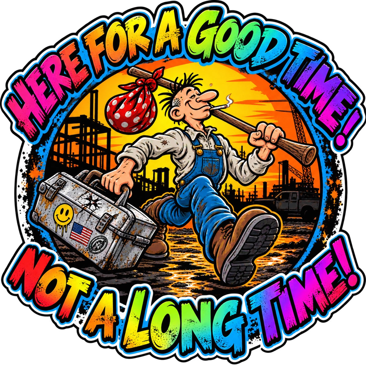 Colorful Here for a Good Time Not a Long Time sticker with a cartoon worker carrying a toolbox