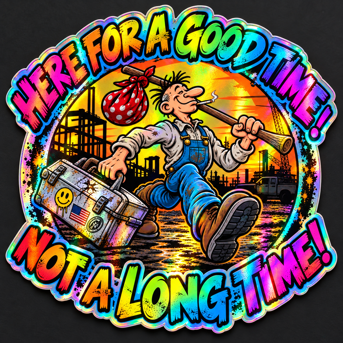 Here for a Good Time, Not a Long Time Sticker — illustrative holographic finish preview