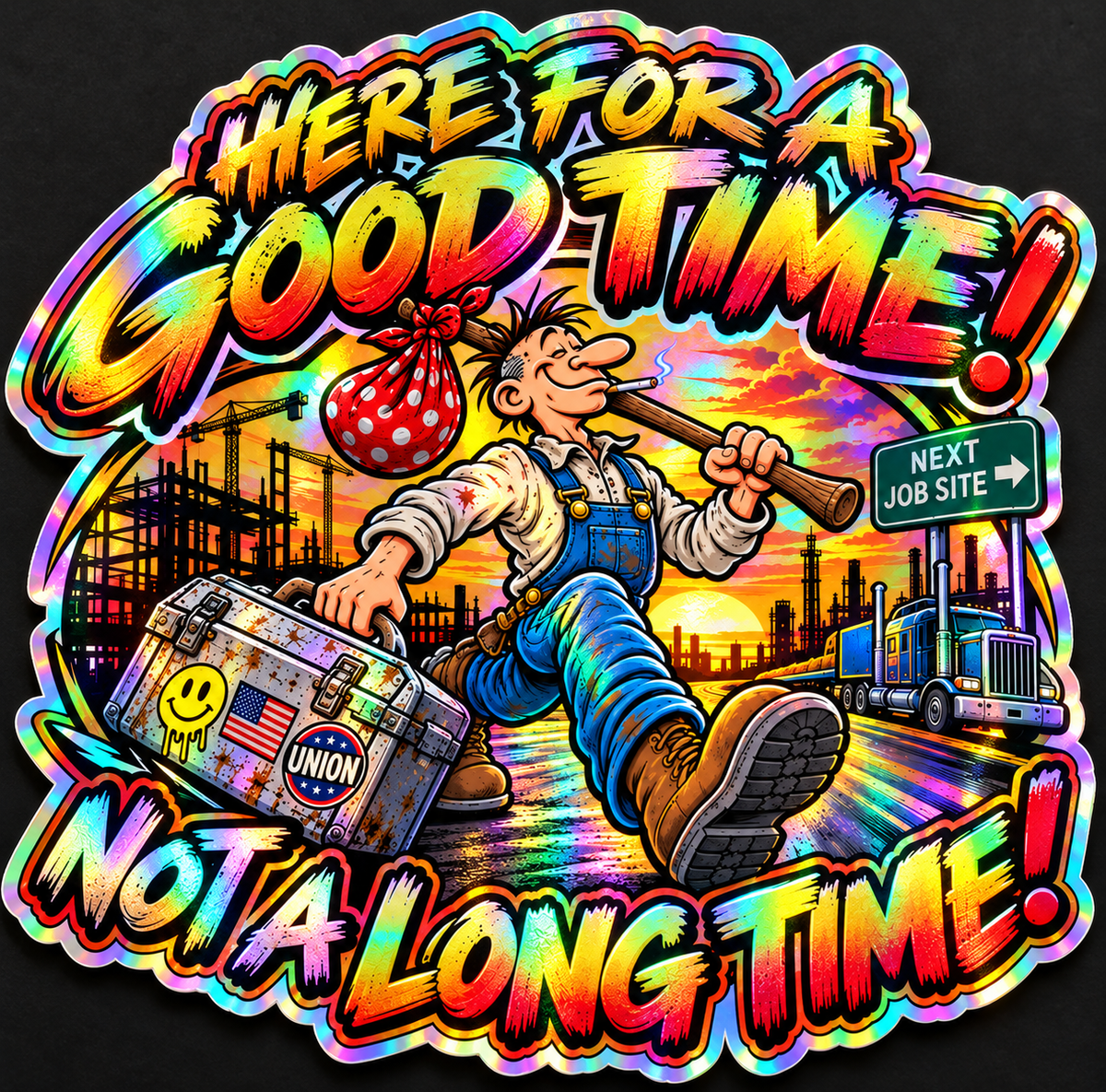 Here for a Good Time – Next Job Site Decal — illustrative holographic finish preview