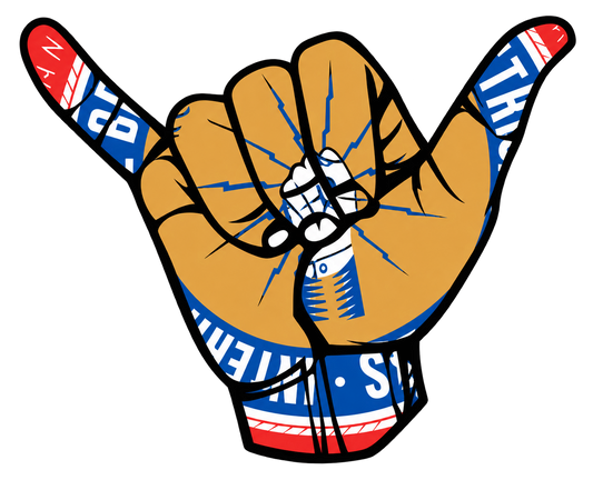 Hang loose hand silhouette filled with gold blue red and white IBEW-inspired artwork and lightning bolts