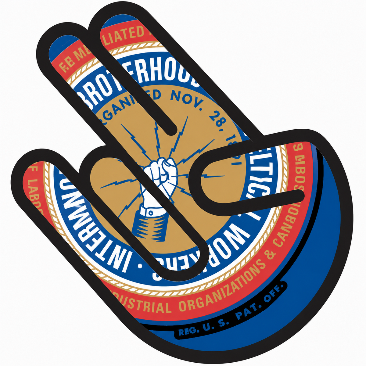 Peace-sign hand filled with the IBEW emblem in red, blue, and gold
