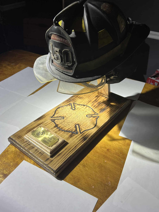 Wood Fire Fighter Helmet Display with a Laser engraved Maltese cross with incorporated fireman's prayer with a personalized brass name plate
