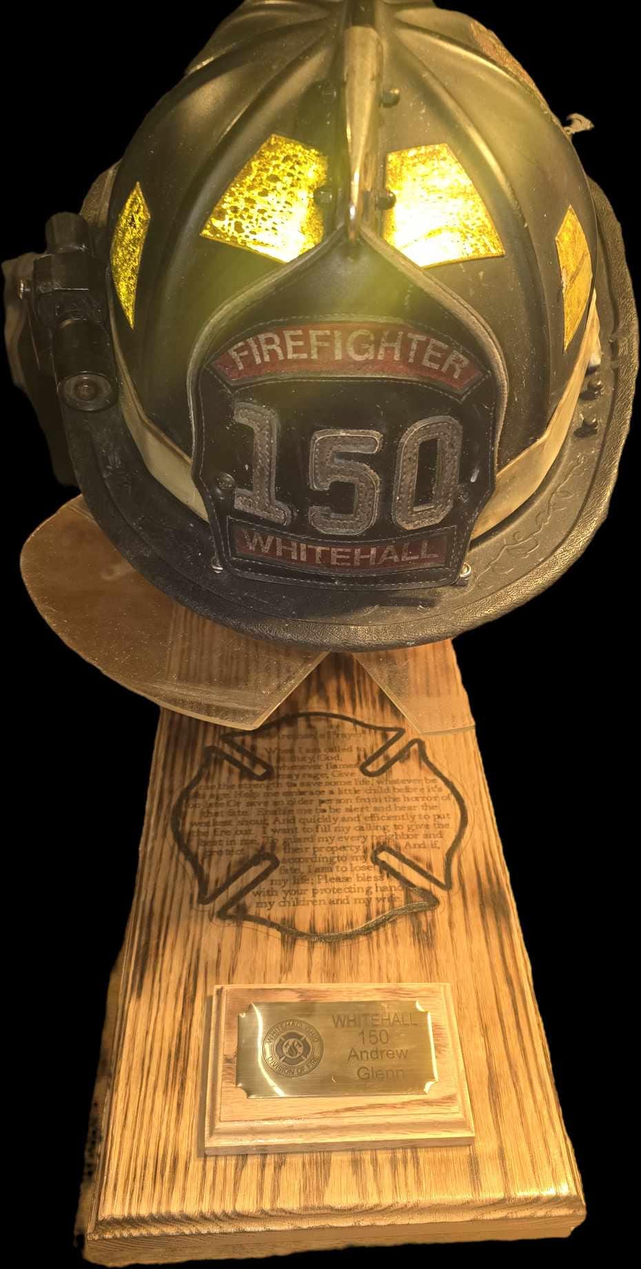 Wood Fire Fighter Helmet Display with a Laser engraved Maltese cross with incorporated fireman's prayer with a personalized brass name plate