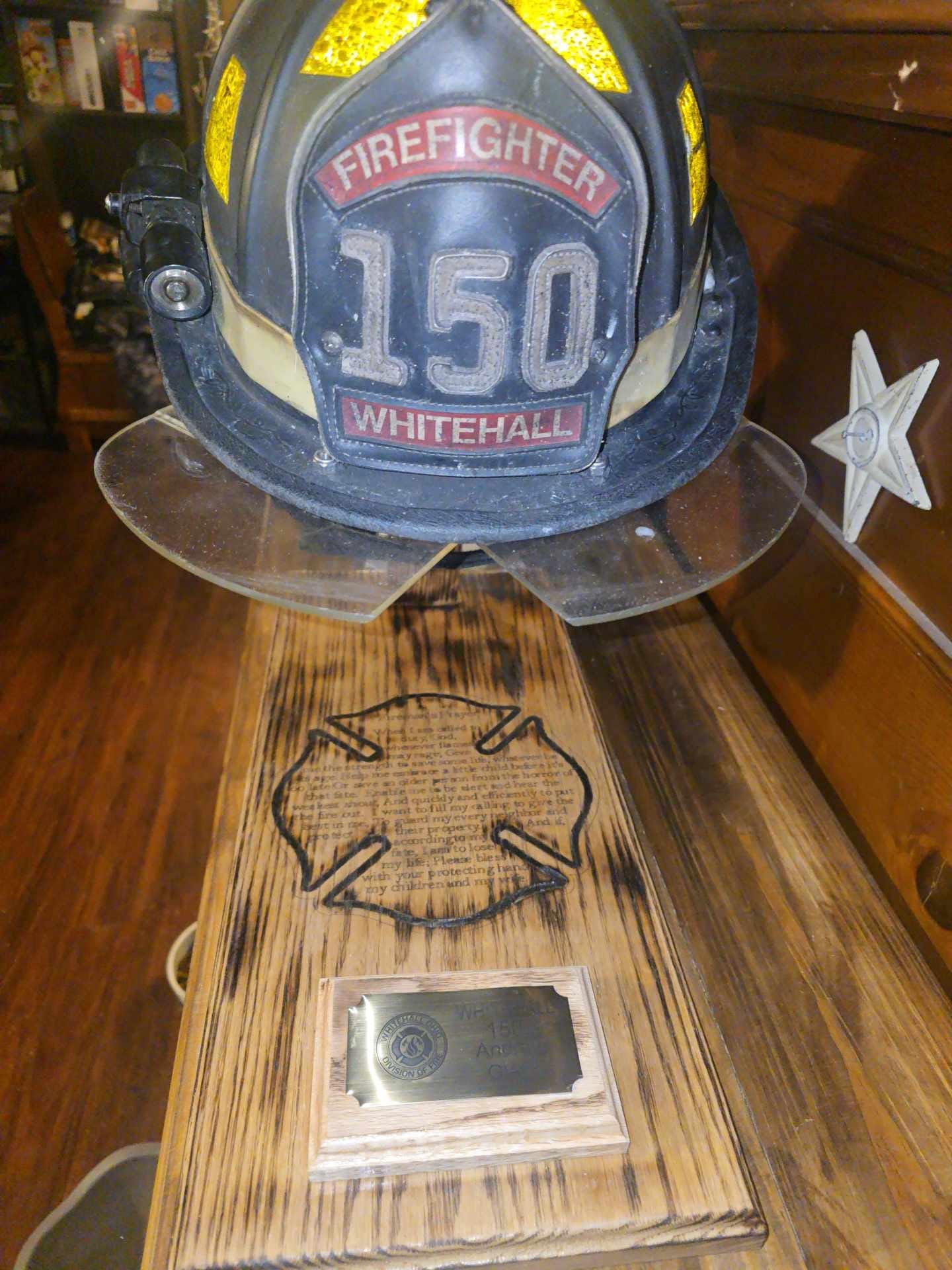 Wood Fire Fighter Helmet Display with a Laser engraved Maltese cross with incorporated fireman's prayer with a personalized brass name plate