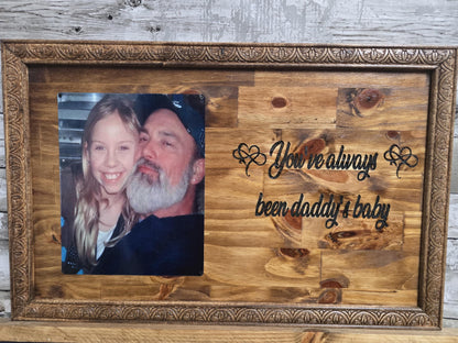 Handcrafted wood display made with love. To show your love and with a laser engraved special message and a 8x10 aluminum photo to commemorate