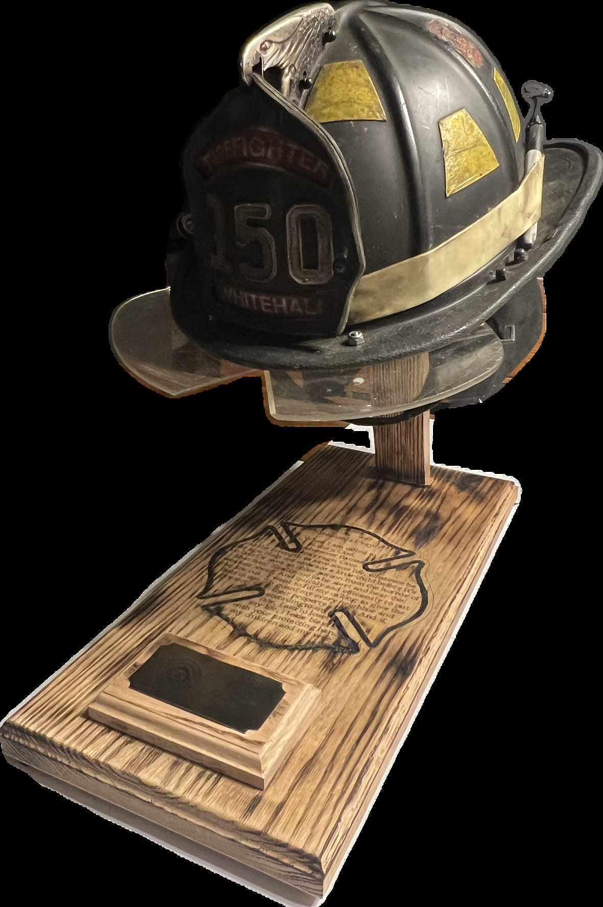Wood Fire Fighter Helmet Display with a Laser engraved Maltese cross with incorporated fireman's prayer with a personalized brass name plate
