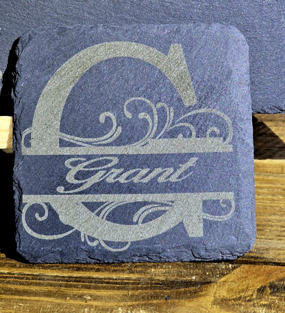 Personalized Split Monogram Slate Coasters with Decorative Design, Ideal for Barware, tableware