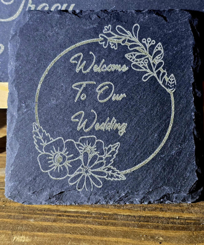 Personalized Slate Coasters With Flower A Decorative Design, Ideal for Barware, tableware