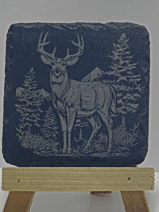 Slate Coasters with a Big Buck and nature design Decorative Design, Ideal for Barware, tableware
